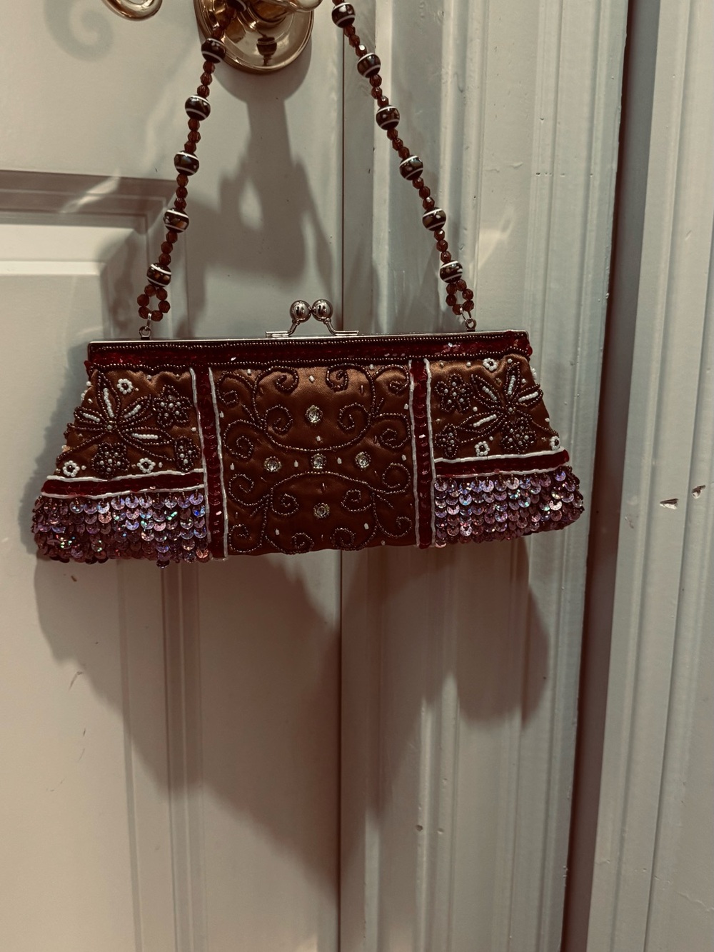 Chateau Brown Beaded Mini Bag with Red Sequin Fringe